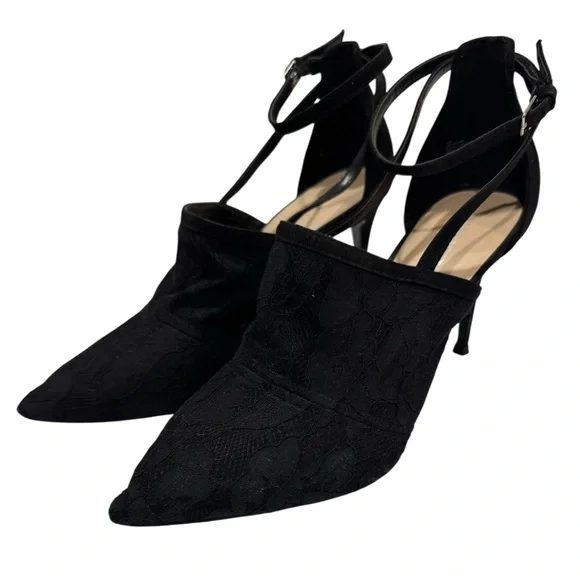 NINE WEST Sexy Lace Overlay Black Strap Pumps Heels 10 - Picture 3 of 17